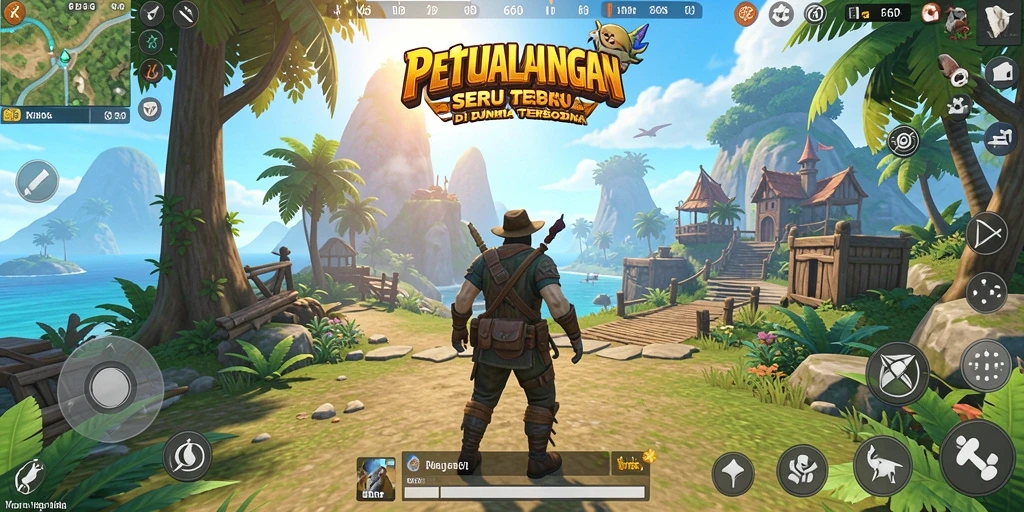 Screenshot 66D menunjukkan pemain menjelajahi dunia terbuka yang indah.