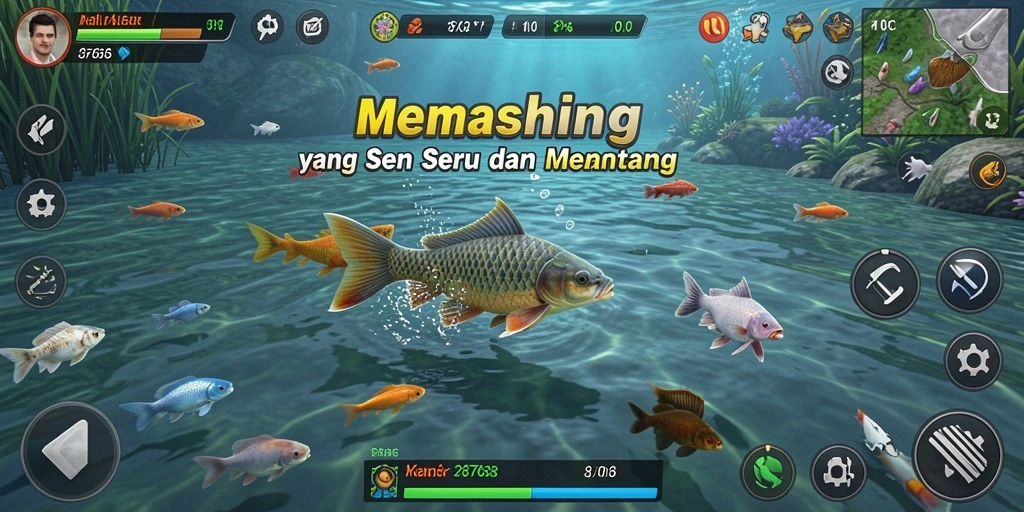Tampilan gameplay Fishing yang seru dalam 8768, dengan berbagai lokasi menakjubkan.