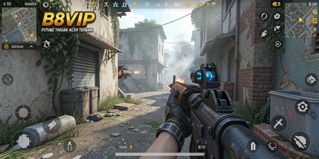 Tangkapan layar B8VIP menunjukkan aksi intens dalam pertempuran FPS.