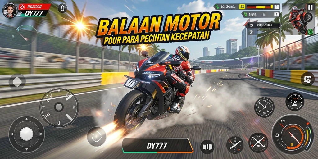 Tampilan gameplay nyata dari DY777 yang menampilkan balapan seru dengan motor.