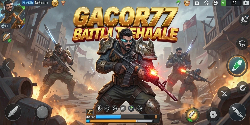 Screenshot GACOR77 menunjukkan pertempuran mendebarkan di arena Battle Royale.