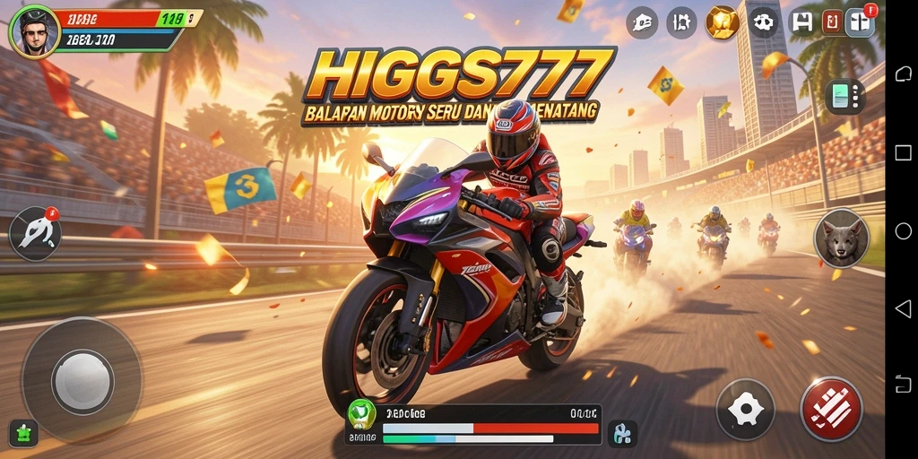 Screenshot gameplay HIGGS777 menampilkan balapan motor yang mendebarkan.