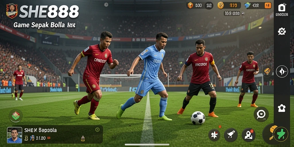 Tangkapan layar utama SHE888 menampilkan aksi seru dalam pertandingan sepak bola.