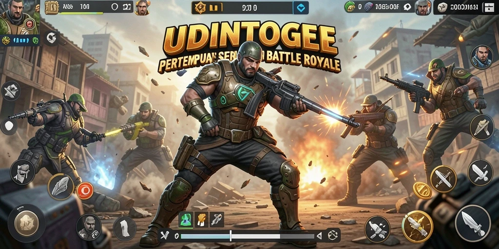 Screenshot utama <strong>UDINTOGEL</strong> menampilkan aksi pertempuran Battle Royale yang intens.