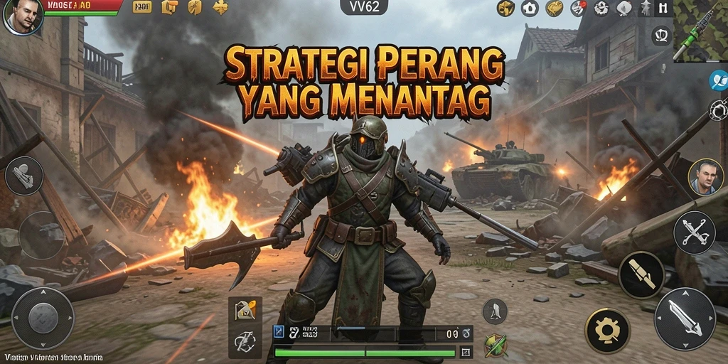 Tangkapan layar gameplay <strong>VV62</strong> menunjukkan pertempuran epik dan pengelolaan kerajaan.